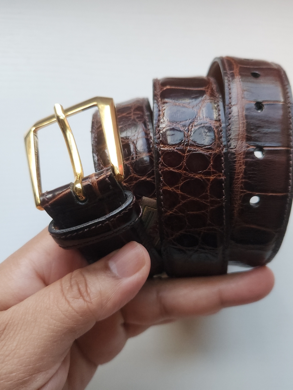 Trafalgar Dark Brown Alligator Leather Dress Belt with Brass Buckle 33" To 36"